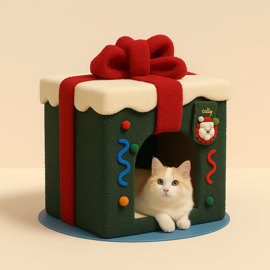 Christmas Gift Box Cat Bed Winter Warm Cave