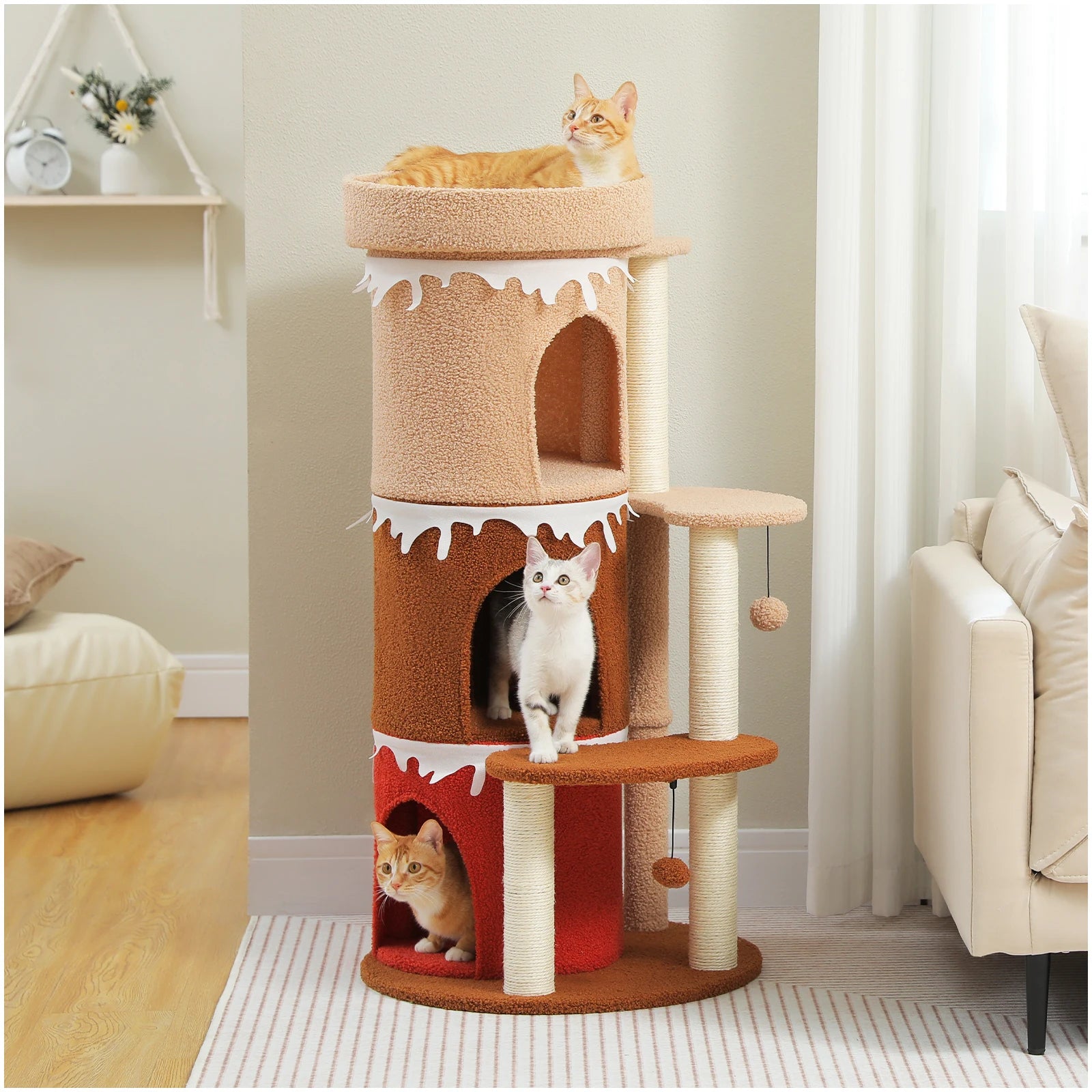 Multi-Level Cat Bed Cat House, Large Cat Condos for Indoor, Cute Cat Tree Tower with Sisal Scratching Posts, Pompoms, Kitten Toy