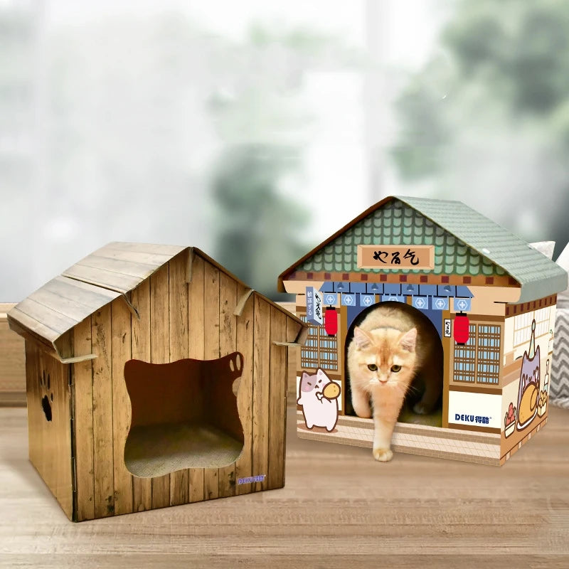 Corrugated Paper Cat House Bed Mat Simulation Wood Grain Cat Home Scratch Board Grinder Cat Toys Kitten Mat Scratcher Catnip
