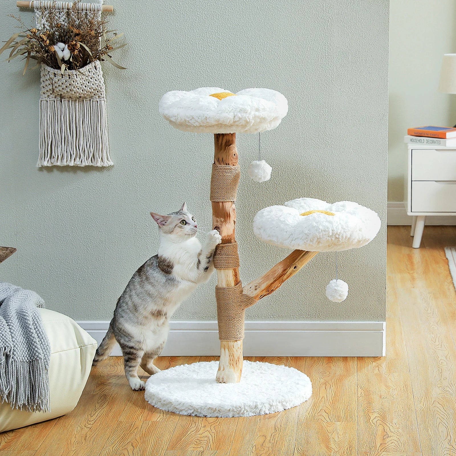Flower Cat Tree for Indoor Cats Modern Wood Cat Tower with Scratching Post and Perches Luxury Cat Climbing Tower Cat Bed Toys